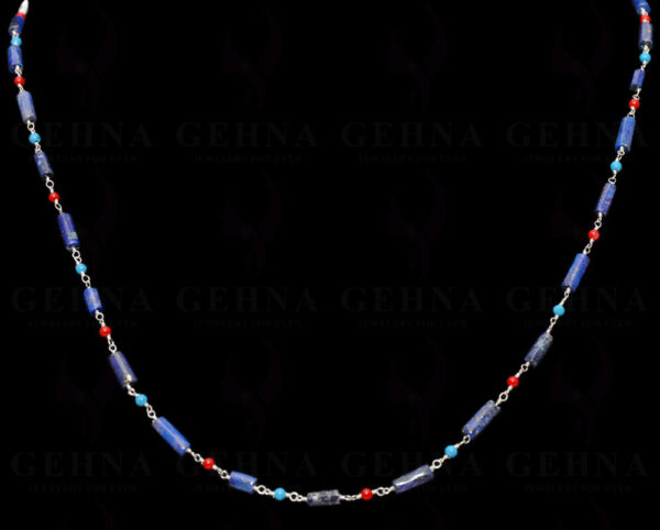 Lapis Lazuli, Coral & Turquoise Bead Chain Linked In .925 Sterling Silver CS-1163