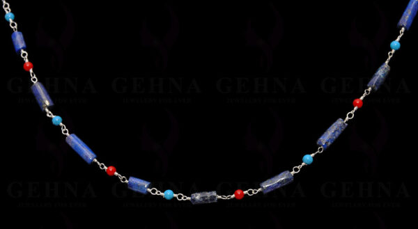 Lapis Lazuli, Coral & Turquoise Bead Chain Linked In .925 Sterling Silver CS-1163