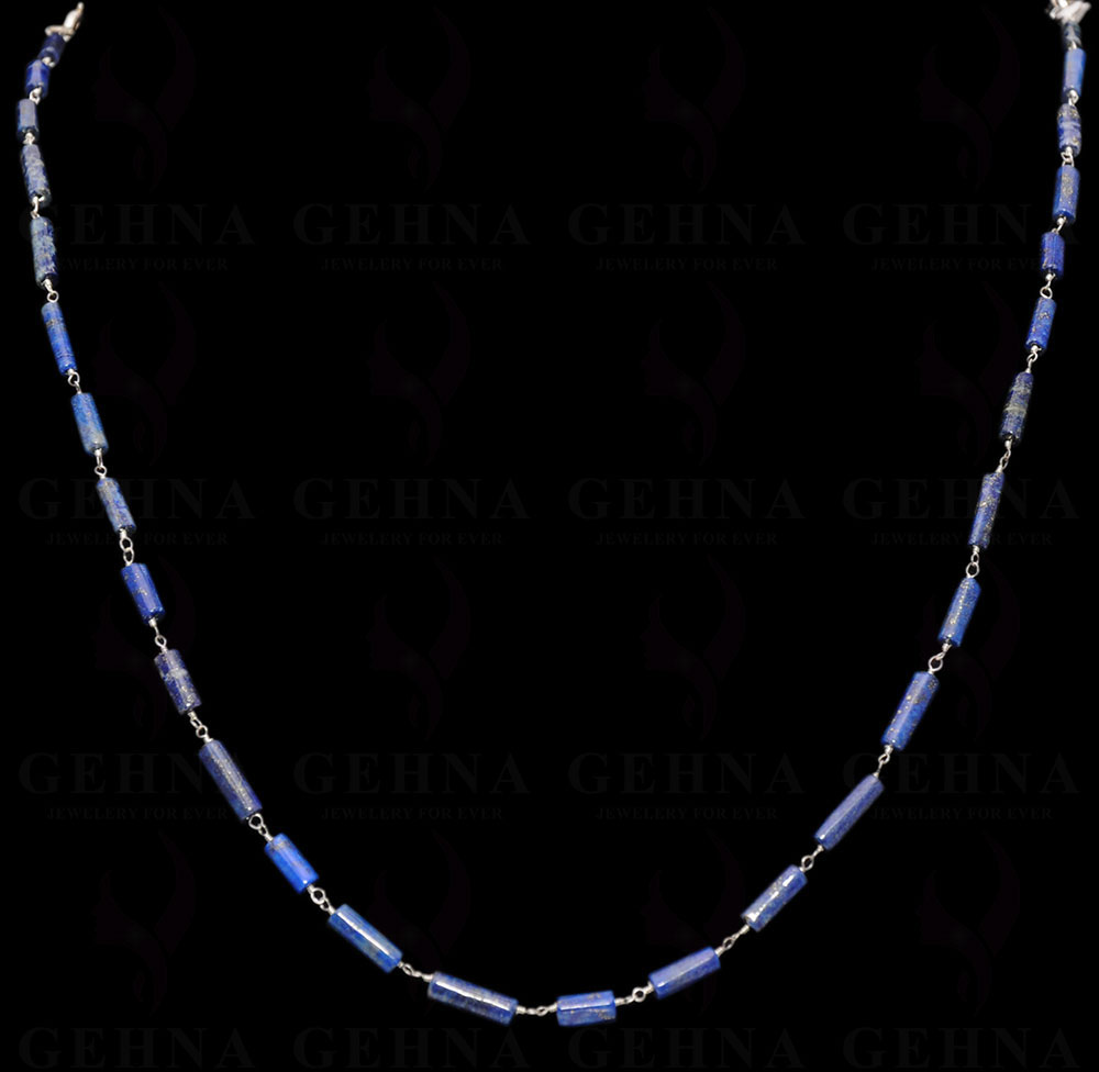 Natural Lapis Lazuli Gemstone Tube Shaped Bead Chain Linked In 925 Silver CS-1164