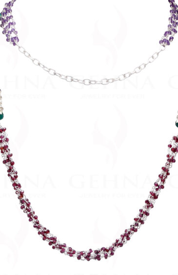 38″ Amethyst, Garnet & Onyx Gemstone Knotted Bead Chain In 925 Silver CS-1165