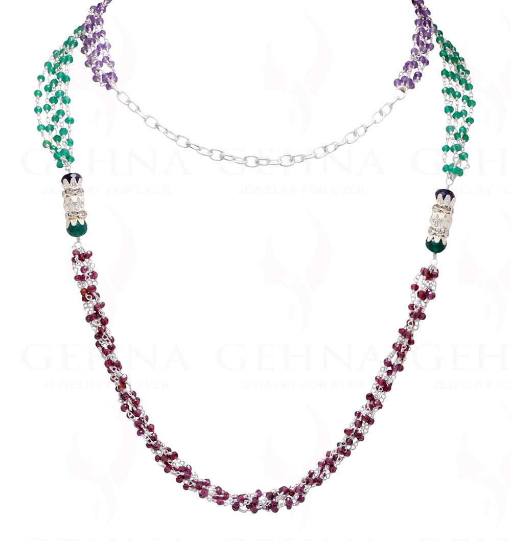 38" Amethyst, Garnet & Onyx Gemstone Knotted Bead Chain In 925 Silver CS-1165