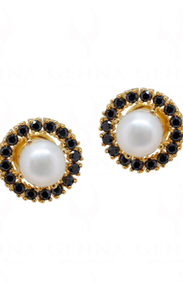Pearl & Black Spinel Studded Round Shape Earrings FE-1165