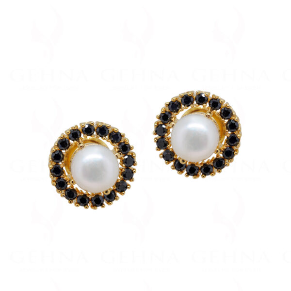 Pearl & Black Spinel Studded Round Shape Earrings FE-1165