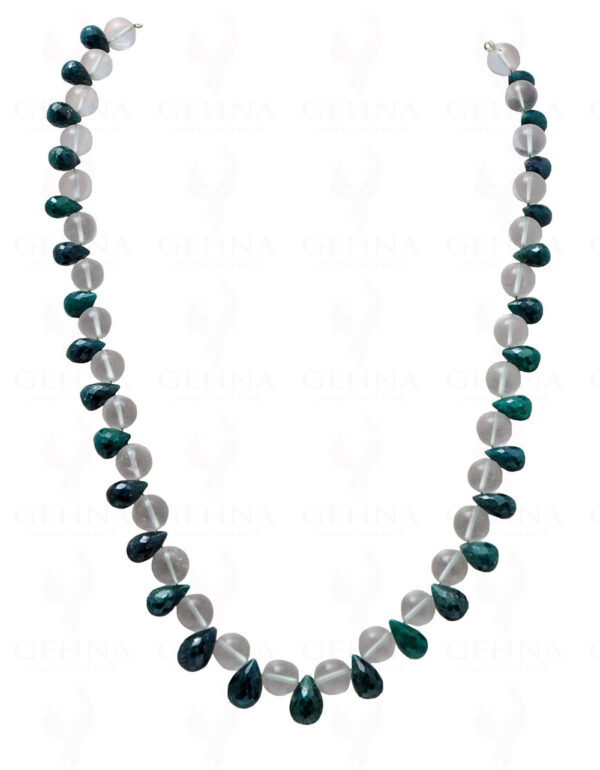 Emerald Faceted Drops & Rock-Crystal Gemstone Round Bead Necklace NS-1165