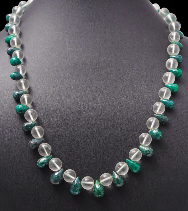 Emerald Faceted Drops & Rock-Crystal Gemstone Round Bead Necklace NS-1165