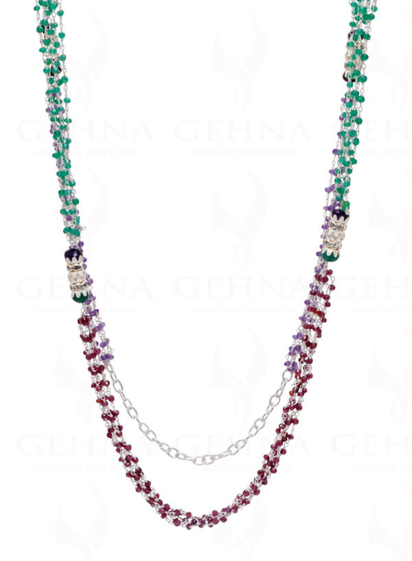 38" Amethyst, Garnet & Onyx Gemstone Knotted Bead Chain In 925 Silver CS-1165