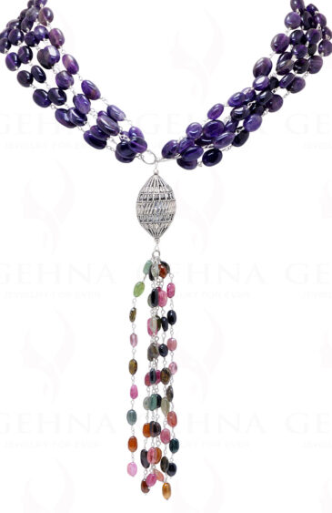 30″ Inches Amethyst & Multi-Tourmaline Oval Shape Bead Knotted Chain CS-1167