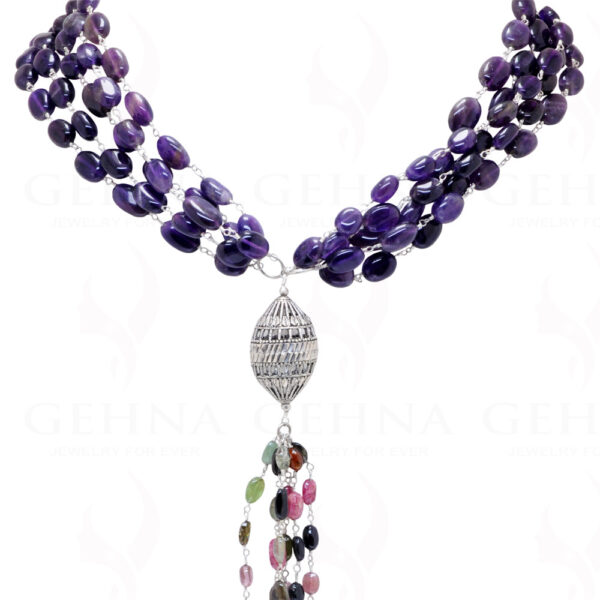 30" Inches Amethyst & Multi-Tourmaline Oval Shape Bead Knotted Chain CS-1167