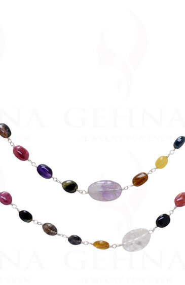 Multi-Color Gemstone Oval Shape Bead Knooted Chain In 925 Sterling Silver CS-1168