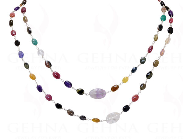 Multi-Color Gemstone Oval Shape Bead Knooted Chain In 925 Sterling Silver CS-1168