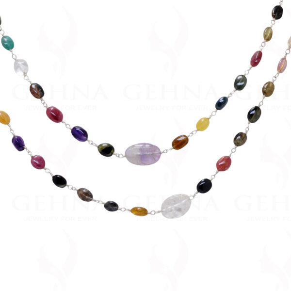 Multi-Color Gemstone Oval Shape Bead Knooted Chain In 925 Sterling Silver CS-1168