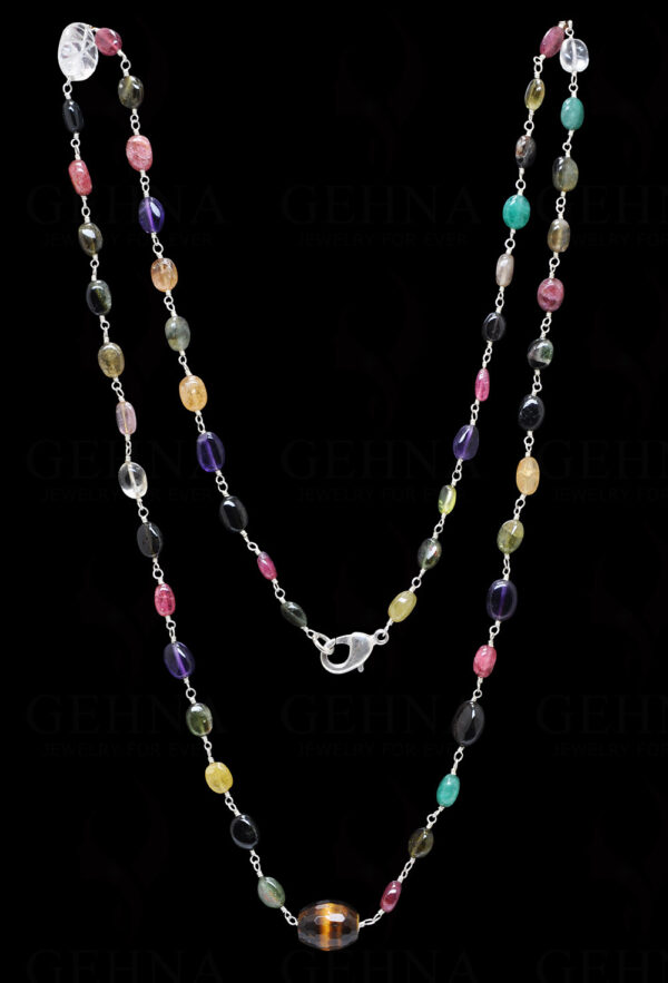 Multi-Color Gemstone Oval Shape Bead Knooted Chain In 925 Sterling Silver CS-1168