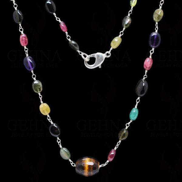 Multi-Color Gemstone Oval Shape Bead Knooted Chain In 925 Sterling Silver CS-1168