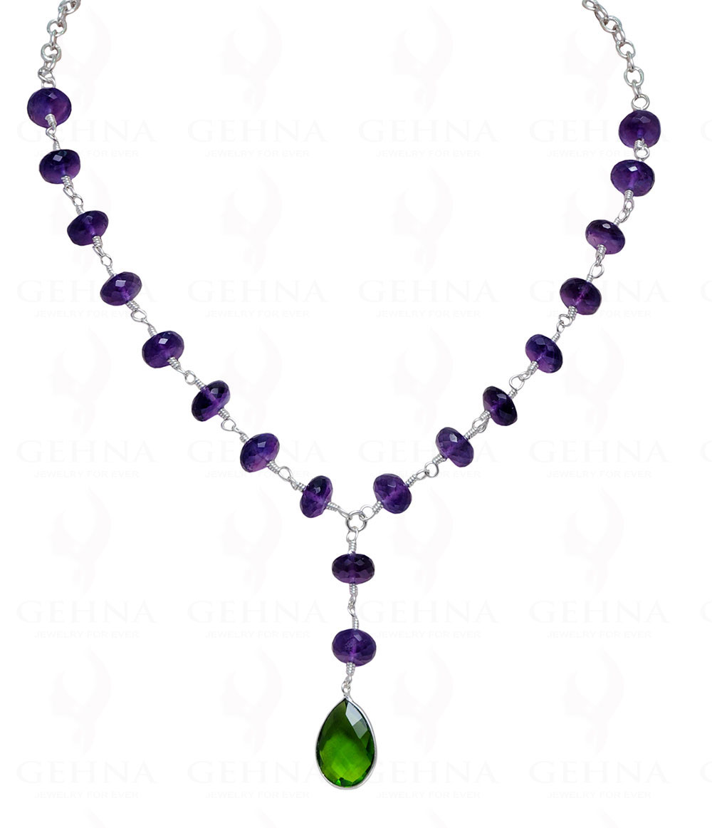 Peridot & Amethyst Gemstone Faceted Bead Necklace In .925 Sterling Silver CS-1171