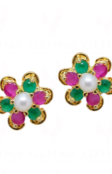 Pearl, Emerald & Ruby Studded Flower Shape Earrings FE-1171