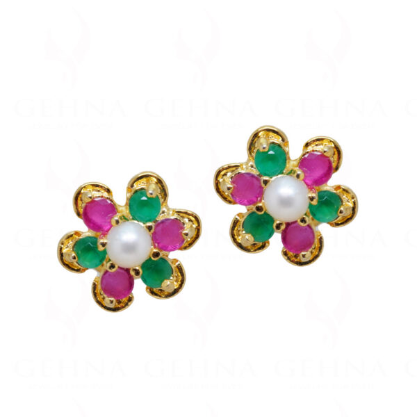 Pearl, Emerald & Ruby Studded Flower Shape Earrings FE-1171