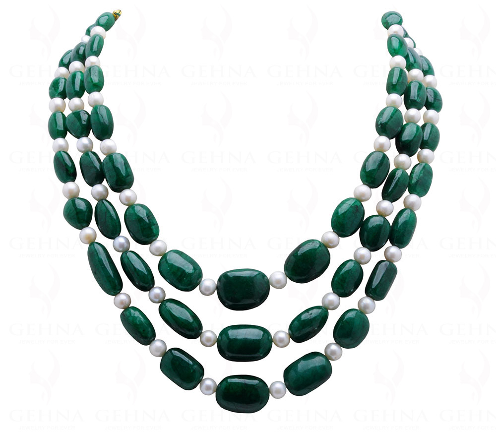3 Rows Of Pearl & Emerald Gemstone Beaded Necklace NM-1171