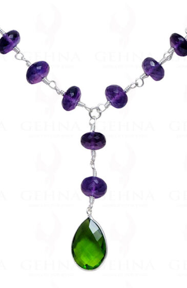 Peridot & Amethyst Gemstone Faceted Bead Necklace In .925 Sterling Silver CS-1171