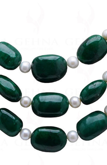 3 Rows Of Pearl & Emerald Gemstone Beaded Necklace NM-1171