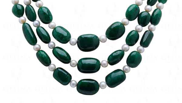 3 Rows Of Pearl & Emerald Gemstone Beaded Necklace NM-1171