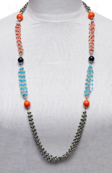 Turquoise, Spinel & Coral Gemstone Bead Necklace In .925 Sterling Silver CS-1172