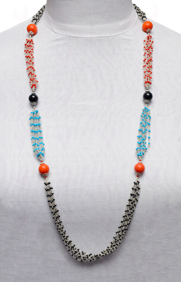 Turquoise, Spinel & Coral Gemstone Bead Necklace In .925 Sterling Silver CS-1172