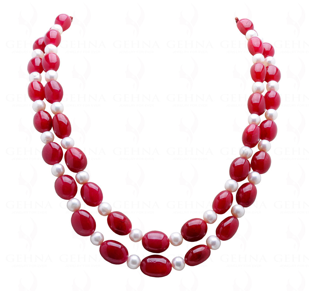 2 Rows Of Pearl & Ruby Gemstone Tumble Bead Necklace NM-1172