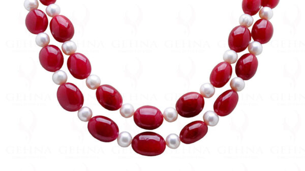 2 Rows Of Pearl & Ruby Gemstone Tumble Bead Necklace NM-1172