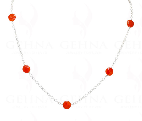 Carnelian Gemstone Coin Shape Bead Knotted Chain  In .925 Sterling Silver CS-1173