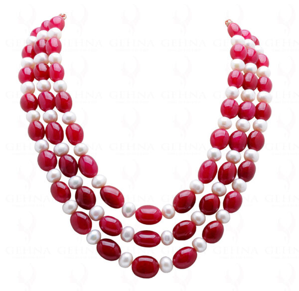 3 Rows Of Pearl & Ruby Gemstone Beaded Necklace NM-1173