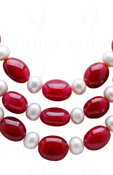 3 Rows Of Pearl & Ruby Gemstone Beaded Necklace NM-1173