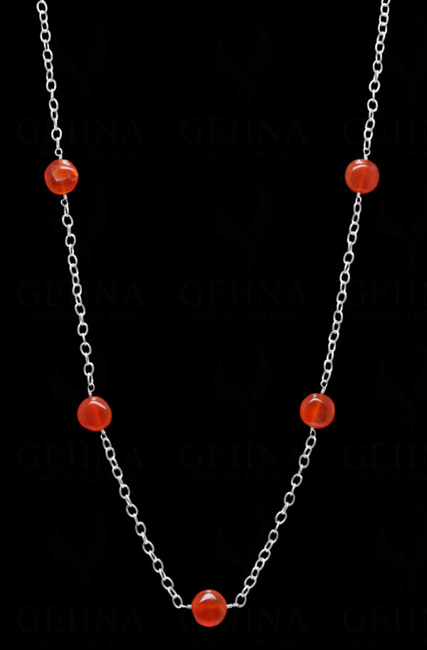 Carnelian Gemstone Coin Shape Bead Knotted Chain  In .925 Sterling Silver CS-1173