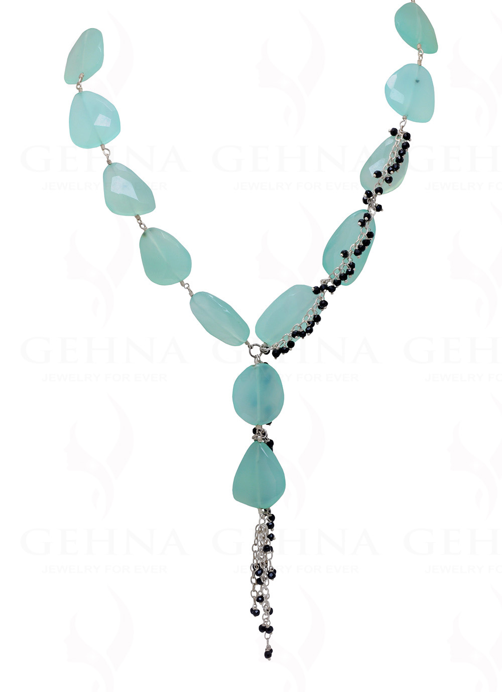 Aquamarine & Black Spinel Gemstone Knotted Necklace In .925 Silver CS-1175