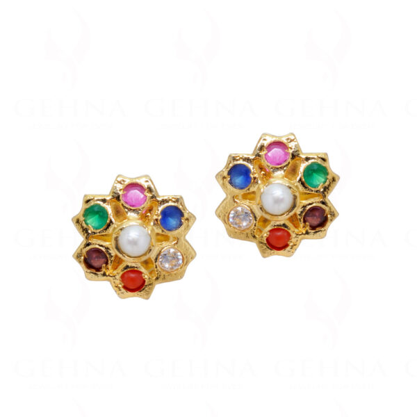 Pearl, Ruby & Emerald Studded Flower Shape Earrings FE-1175