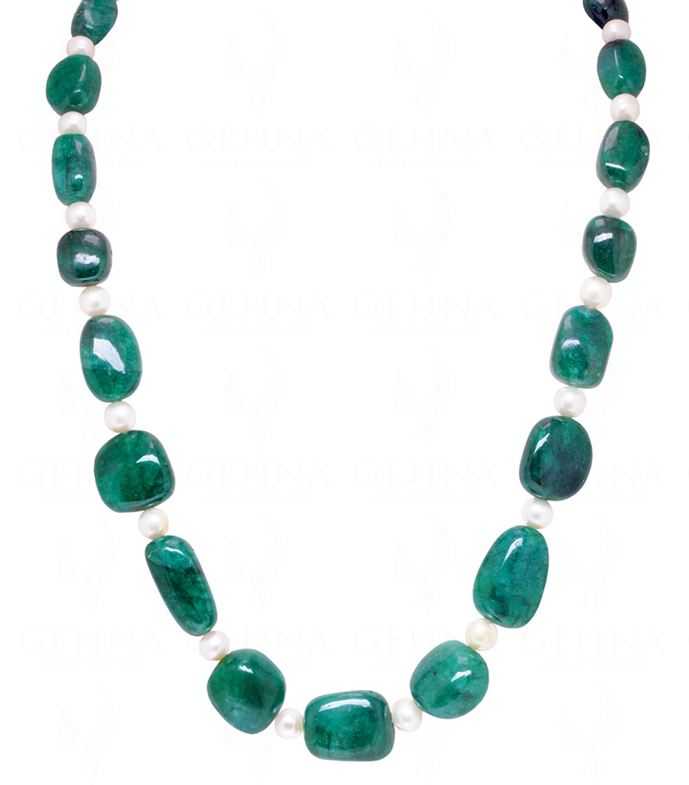 Emerald & Pearl Gemstone Tumble Shape Beaded Necklace NM-1175