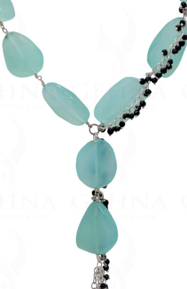Aquamarine & Black Spinel Gemstone Knotted Necklace In .925 Silver CS-1175