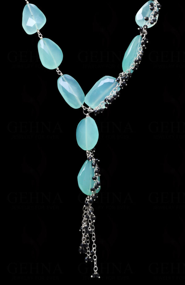 Aquamarine & Black Spinel Gemstone Knotted Necklace In .925 Silver CS-1175