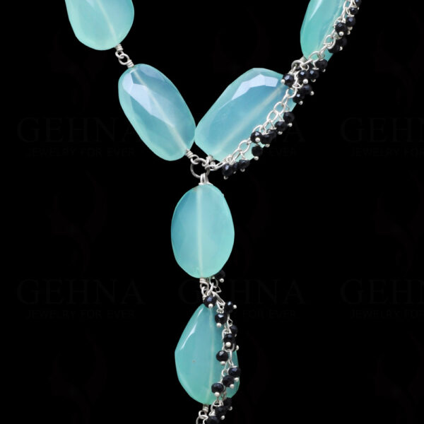 Aquamarine & Black Spinel Gemstone Knotted Necklace In .925 Silver CS-1175