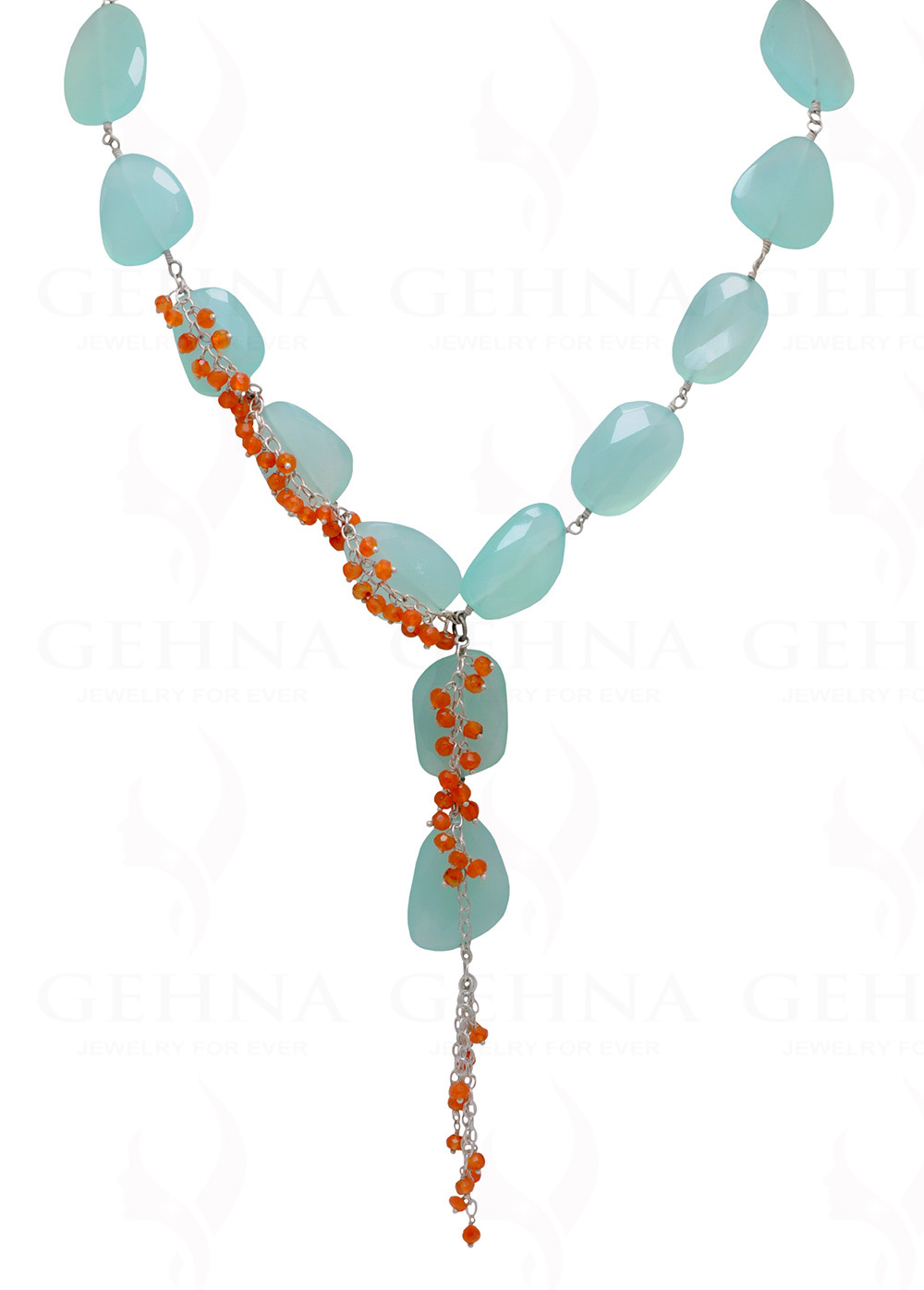 Aquamarine & Carnelian Gemstone Knotted Necklace In .925 Sterling Silver CS-1176