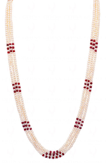 3 Rows Of Pearl & Ruby Gemstone Faceted Bead Necklace NM-1176