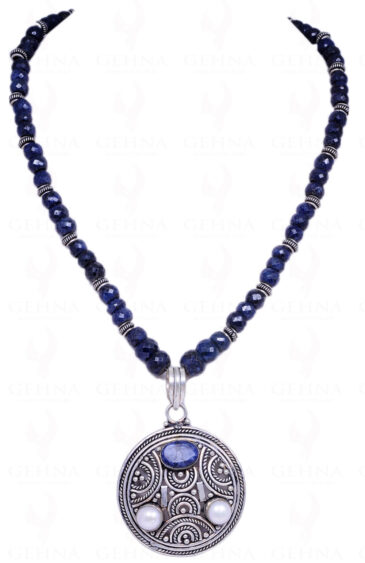 Pearl & Blue Sapphire Studded Pendant With Blue Sapphire Gemstone Bead NP-1176