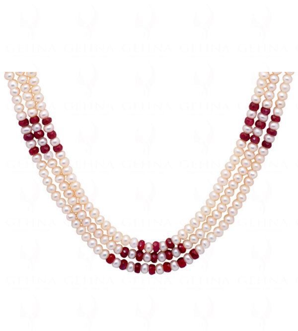 3 Rows Of Pearl & Ruby Gemstone Faceted Bead Necklace NM-1176