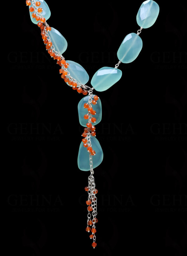 Aquamarine & Carnelian Gemstone Knotted Necklace In .925 Sterling Silver CS-1176