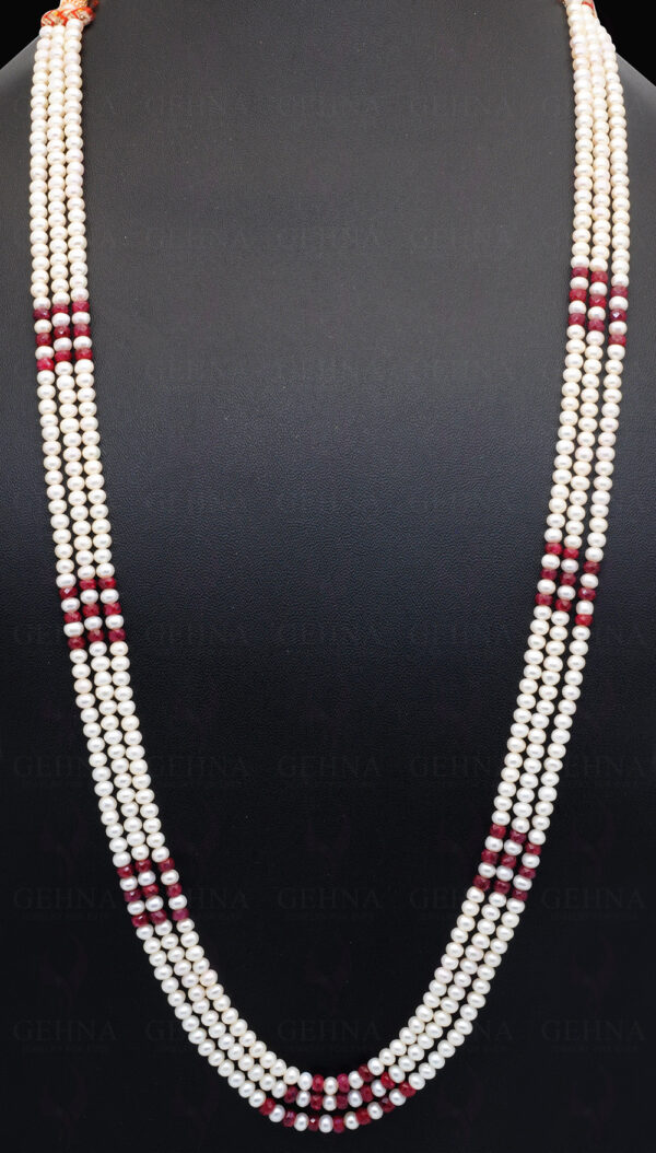 3 Rows Of Pearl & Ruby Gemstone Faceted Bead Necklace NM-1176