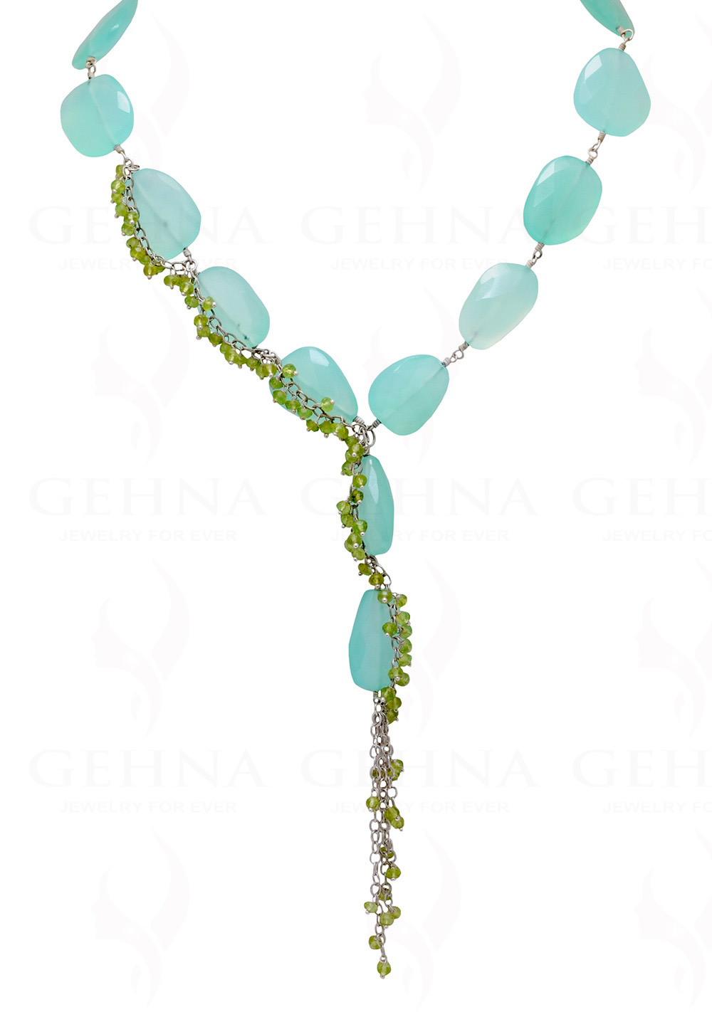 Aquamarine & Peridot Gemstone Knotted Necklace In .925 Sterling Silver CS-1177