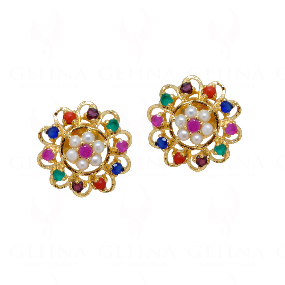 Pearl, Ruby & Emerald Studded Flower Shape Earrings FE-1177