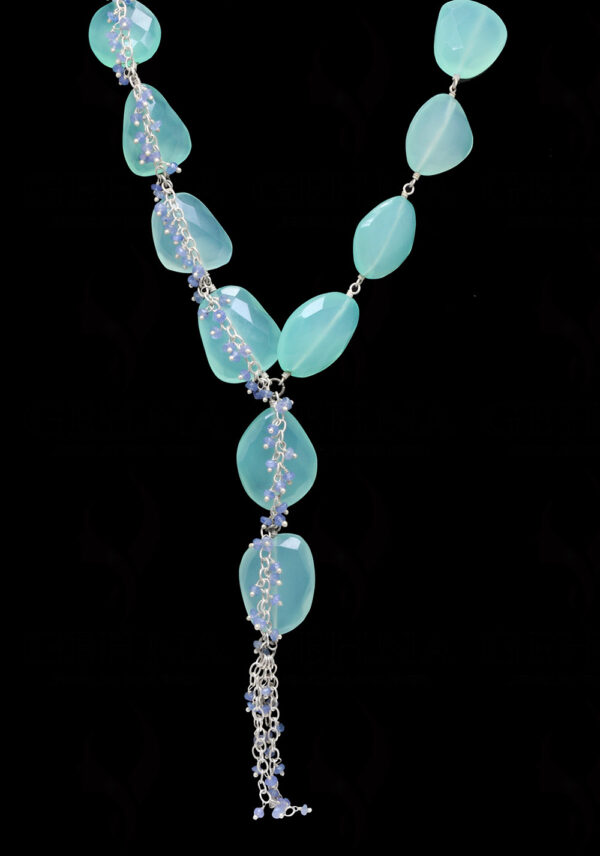 Aquamarine & Tanzanite Gemstone Knotted Necklace In .925 Sterling Silver CS-1178