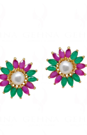 Pearl, Ruby & Emerald Studded Flower Shape Earrings FE-1179