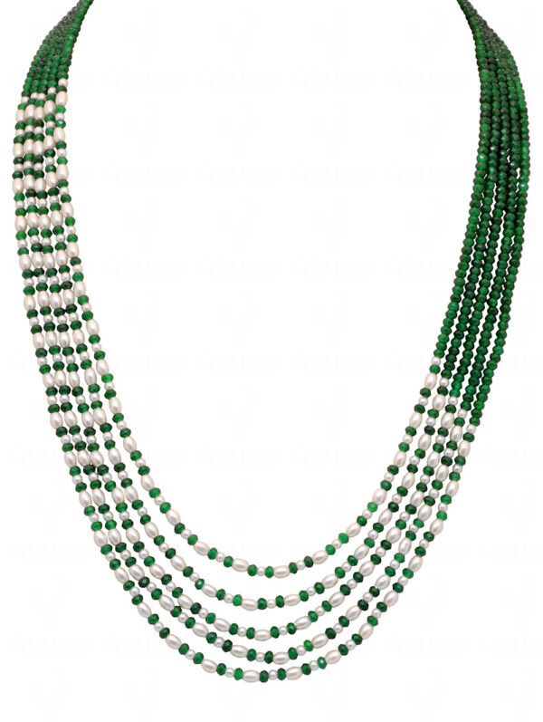 5 Rows Of Pearl & Emerald Gemstone Faceted Bead Stylish Necklace  NM-1182