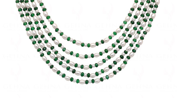 5 Rows Of Pearl & Emerald Gemstone Faceted Bead Stylish Necklace  NM-1182